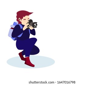 Photographer with backpack, takes photographs with his dslr camera.  Flat cartoon male character Illustration. Vector drawing isolated on white background with text copy space