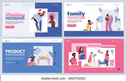 Photographer banner set - wedding, family, product and maternity photography website page templates with cartoon people at phone shoot, vector illustration.