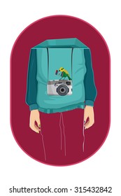 Photographer with bird and camera, vector illustration