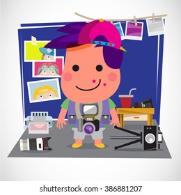 Photographer boy concept. Boy with various of camera and equipment in his bed room. Favorite and activity concept - vector illustration