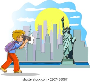 Photographer Boy Takes Photo Of America Statue Of Liberty Tower