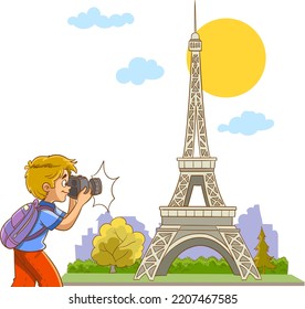 photographer boy takes photo of eiffel tower