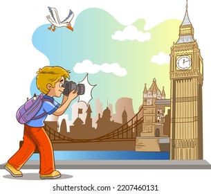 photographer boy takes photo of london clock tower