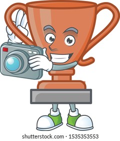 Photographer bronze trophy cartoon character with mascot