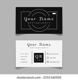 Photographer business card Template in black. Horizontal design with text on both sides and line camera in clean and modern style. Acquaintance for photo shoot. Branding identity and presentation