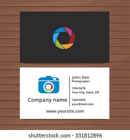 Photographer Business Card Template. Two Sided Business Card For Professional Photographer Or Visiting Card Design. Colorful Vector Business Card On Wooden Background.