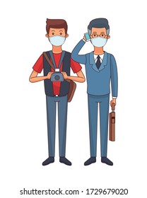 photographer and businessman using face masks vector illustration design
