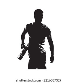 Photographer with camera, abstract man isolated vector silhouette, front view. Ink drawing