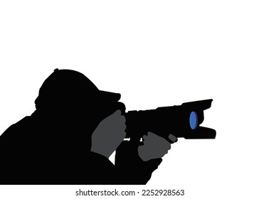 Photographer with camera, abstract man isolated vector silhouette, front view. Ink drawing