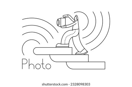 Ein Fotograf mit Kamera steigt die Treppe hinauf. Konzeptionelle Vektorgrafik. Fortschritte in der Fotografie.	