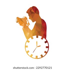 Fotógrafo con cámara e icono del reloj. Diseño de color plano. Ilustración vectorial.
