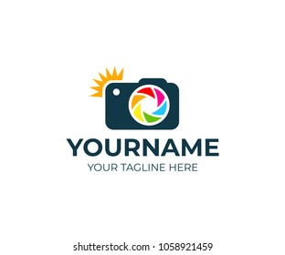 Photographer and camera with flash and lens, logo template. Photography studio and photography, photo vector design. Photo and video camera illustration