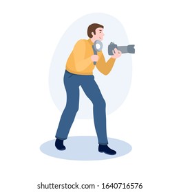 Photographer With Camera And Flash vector illustration from hobbies collection. Flat cartoon illustration isolated on white