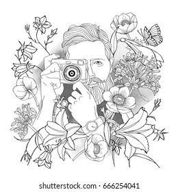 Photographer with a camera in a flowers. Vector illustration.