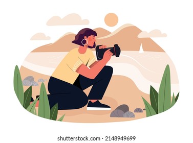 Photographer with camera. Girl by sea or river. Paparazzi picks up nice angle for picture. Professional at work, memory and moment. Character at summer vacation. Cartoon flat vector illustration