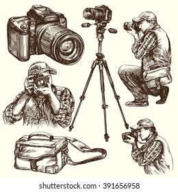 Photographer with camera. Hand drawn illustration.