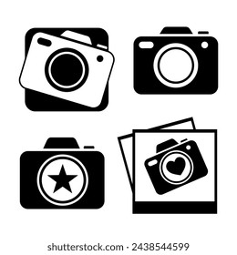 Photographer with camera icon in the air with shadow. With set of photographer stuff icons - shutter, camera, photos, shooting photographers, flash, tripod, spotlight. Vector