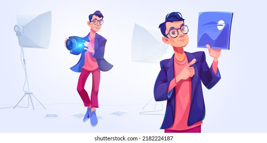 Photographer with camera and light equipment take shots in studio and presenting photo. Male character doing professional presentation for magazine or advertising, Cartoon vector illustration