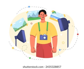 Photographer with camera. Man with photographers equioment. Young guy with camera near softboxes. Workplace, studio and workshop. Cartoon flat vector illustration isolated on white background