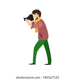 Photographer, camera man, videographer at work taking pictures, shooting, flat cartoon vector illustration on white background. Full length portrait of photographer, photo journalist, reporter at work