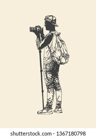 Photographer with a camera on a monopod. Drawing Style. Vector illustration.
