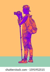 Photographer with a camera on a monopod. Vector illustration.