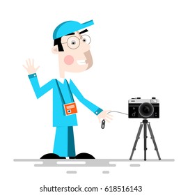 Photographer with Camera on Tripod Vector Cartoon