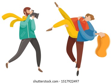 Photographer with camera shooting happy couple outdoor, leisure symbol. Man and woman embracing in casual clothes walking in autumn park. Male and female posing for romantic photography vector