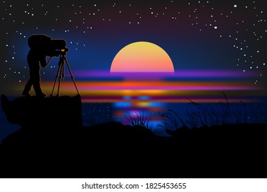 Photographer with camera silhouette on a night background. Photographer at night near sea. Photographer on the hill in twilight time after sunset shooting the starry sky. Stock vector illustration