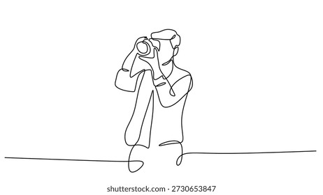 Fotógrafo com uma câmera única linha contínua desenho. Profissão de fotografia e hobby criativo, ilustração vetorial minimalista.