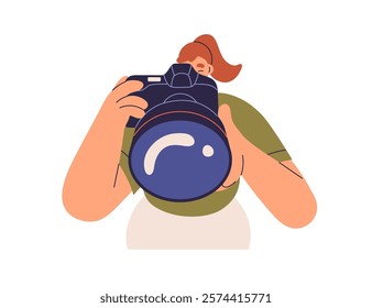 Photographer with camera, taking photo with professional lens. Capturing creative photography shot, photographing, shooting with digital cam. Flat vector illustration isolated on white background