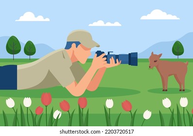 photographer with camera taking picture baby deer vector illustration flat design