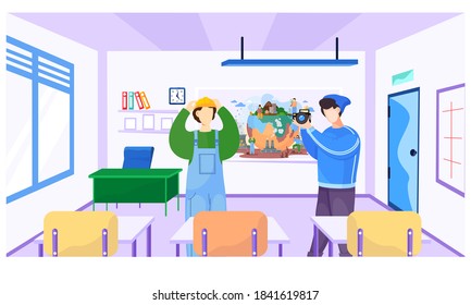 Photographer with a camera taking pictures of the guy standing in a helmet and explaining the rules of behavior in nature. Photo session at ecology lesson in school. Environmentally friendly lifestyle