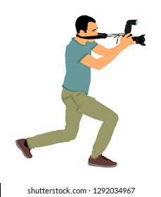 Photographer with camera vector illustration isolated. Paparazzi shooting event. Photo reporter on duty. Sport photography. Journalist man work breaking news. Wedding fashion photographer focusing.