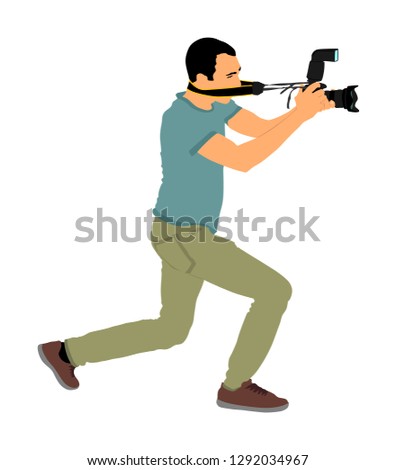 Photographer with camera vector illustration isolated. Paparazzi shooting event. Photo reporter on duty. Sport photography. Journalist man work breaking news. Wedding fashion photographer focusing.