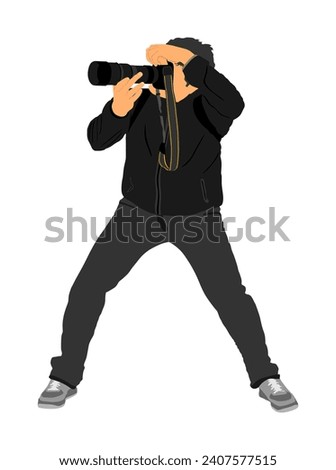 Photographer with camera vector illustration isolated. Paparazzi shooting event. Photo reporter on duty. Sport photography. Journalist man works breaking news. Wedding fashion photographer focusing.
