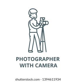 Photographer with camera and  vector line icon, linear concept, outline sign, symbol