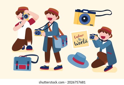 Fotógrafo con cámara mientras viaja por el mundo en caricatura, captura el concepto del mundo, diseño plano ilustración vectorial