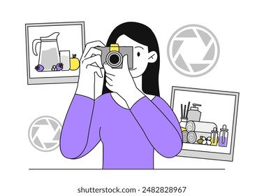 Photographer with camera. Woman takes pictures. Journalist and paparazzi. Young girl operator with photographic equipment. Linear vector illustration isolated on white background