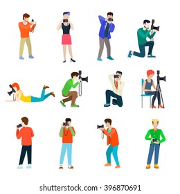 Photographer cameraman flat web infographic concept vector professional people profession icon set. Group creative young male female making photo studio outdoor travel.