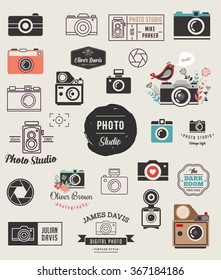 Photographer, cameras, photo studio elements, icons set