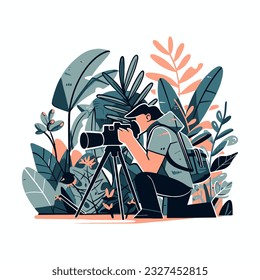 A photographer capturing the beauty of a rare bird in a tropical rainforest, vector illustration