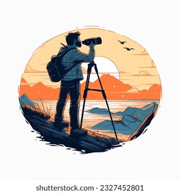 A photographer capturing a breathtaking sunset in a remote location, vector illustration