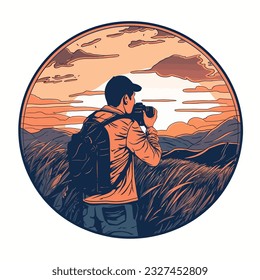 A photographer capturing a breathtaking sunset in a remote location, vector illustration