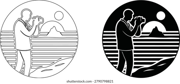 Photographer capturing mountain landscape with rising sun, framed in a circle, in both line art and solid black styles.