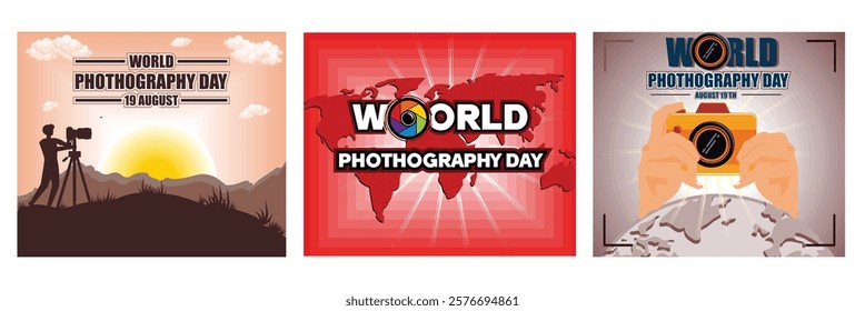  Photographer Capturing Nature's Beauty. Red Global Map. Poster and banner design for world photography day. Set flat vector modern illustration 