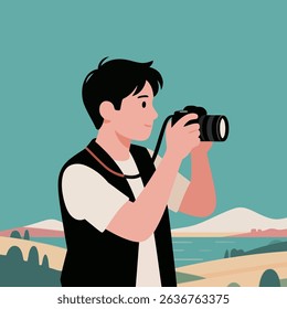 Photographer Capturing Scenic View with Camera in Hand