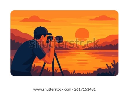 Photographer capturing sunset view in flat vector art style with vivid colors and serene landscape vector illustration becomes Photographer taking picture of serene landscape with sunset view in flat