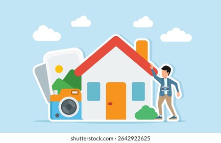 O fotógrafo carrega uma câmera de pé ao lado de uma galeria de fotos da casa e a ilustração da câmera da sessão de fotos para fins de marketing de propriedade
