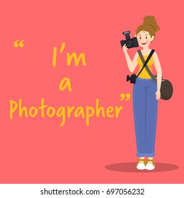 Photographer character with camera on red background